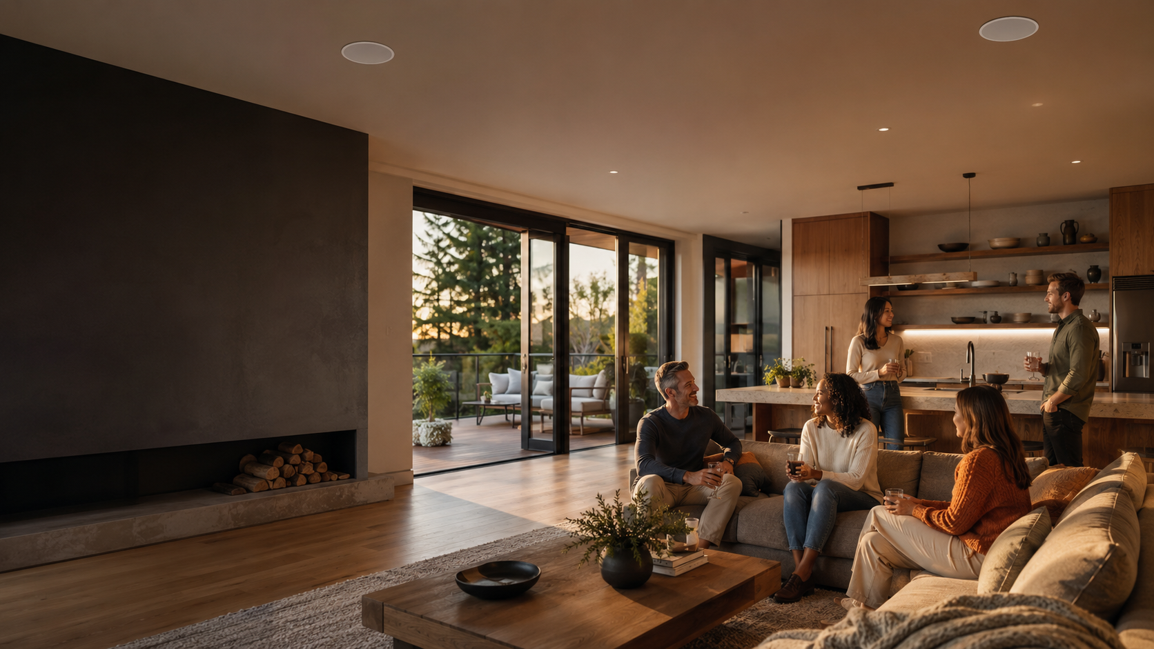 Friends talking in a modern home with clear in-ceiling speakers