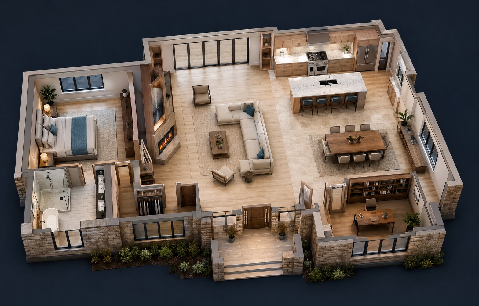 Cutaway of a modern home with multiple audio zones